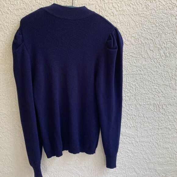 NAVY PUFF SLEEVE SWEATER SZ L Mock Turtleneck Long Sleeve Cielo Women - Picture 5 of 6